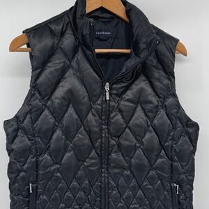 Lands End Womens M (8-10) Black Quilted‎ Puffer Down Fill  Vest Full Zip Pockets